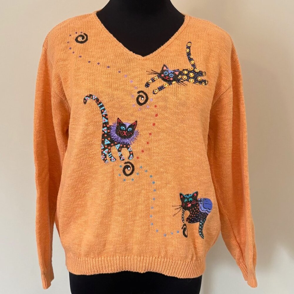 Ri Designs Fun Stuff Play! Play! Play! Tangerine Hand Painted Cat Lady Sweater